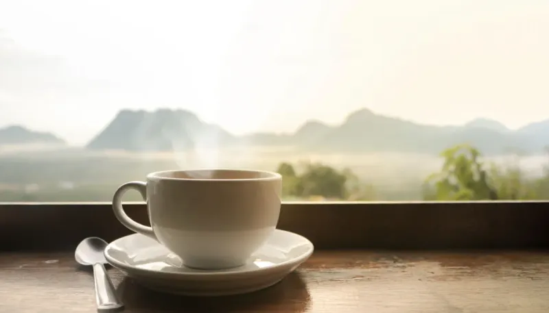Cangkir kopi putih di atas piring di meja kayu dengan latar pegunungan berkabut